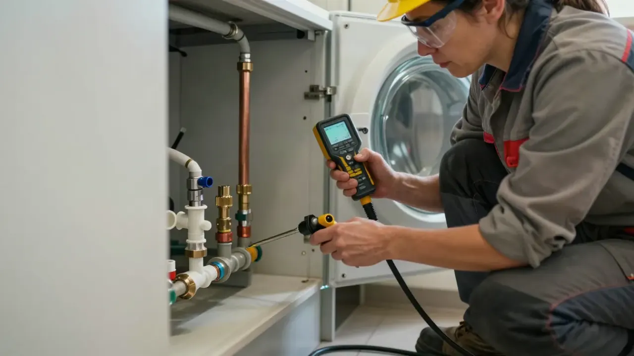 Gas Leak Detection in Flower Mound: licensed gas fitter slowly moving an electronic gas leak detector probe along a gas