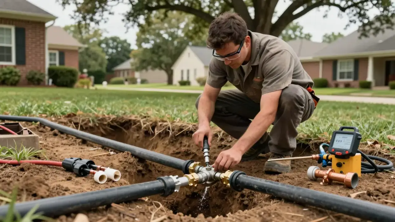 Gas Line Inspection in Flower Mound: licensed gas fitter carefully inspecting the condition of an underground polyethylene