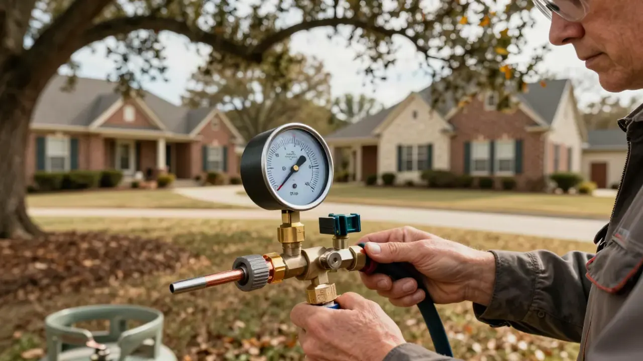 Gas Line Repair in Flower Mound: close-up of a gas pressure gauge (manometer) connected to a gas line, showing a steady