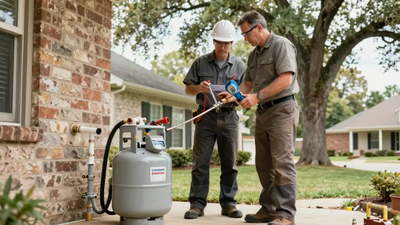 Gas Line Repair in Flower Mound: licensed gas fitter discussing the scope of work with a homeowner on their front porch